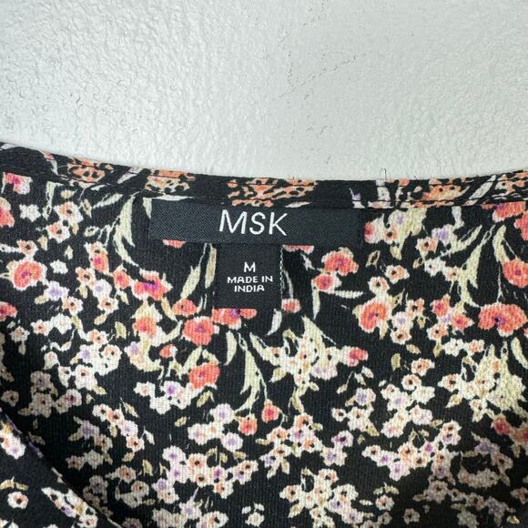 MSK | Black & Purple Micro Floral Print Long Sleeve V-neck Mini Shift Dress - Picture 7 of 9